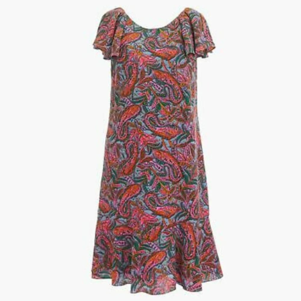 J Crew Purple Pink Paisley Print Silk Flutter Sleeve Dress Sz 00
